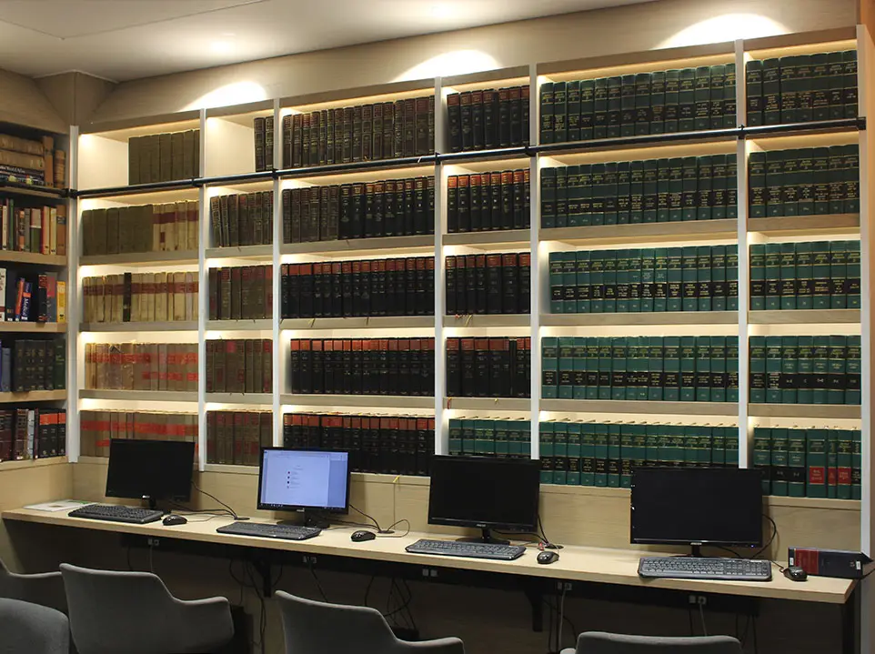 Workstations and ceiling details at Huguenot Chambers Library